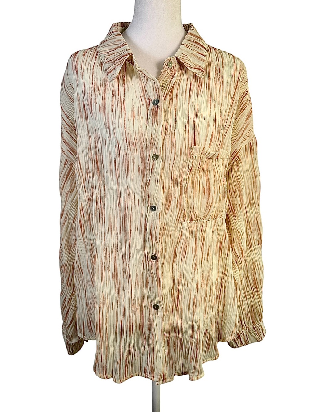New Mix Plisse Crinkle Button-Up Shirt –Dusty Rose Abstract Stripe Size L